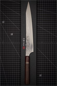 YU KUROSAKI Нож Кухонный Суджихики 240/400 мм R2(SG2) (Порошковая сталь) Hammered SENKO YU KUROSAKI TURQUOISE WITH RED SUJIHIKI 240 - фото 29267