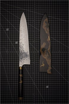 Takeshi Saji Makie-Art R2(SG2) Mirrored Damascus Japanese Chef's Gyuto Knife 250mm with Urushi Lacquered Saya and Handle FUJI on WAVE (NAMI FUJI) TS-R2DM-CH250-MK-WVBTFJ - фото 29299