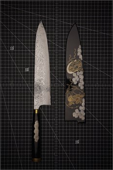 Takeshi Saji Makie-Art R2(SG2) Mirrored Damascus Japanese Chef's Gyuto Knife 250mm with Urushi Lacquered Saya and Handle RAIJINTS-R2DM-CH250- MK-FJNRJN - фото 29306