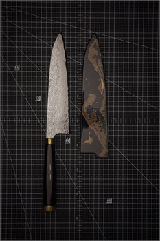 Takeshi Saji Makie-Art R2(SG2) Mirrored Damascus Japanese Chef's Gyuto Knife 210mm with Urushi Lacquered Saya and Handle FUJI on WAVE (NAMI FUJI) TS-R2DM-CH210-MK-WVBTFJ - фото 29313