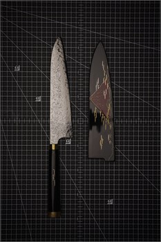 Takeshi Saji Makie-Art R2(SG2) Mirrored Damascus Japanese Chef's Gyuto Knife 210mm with Urushi Lacquered Saya and Handle RED FUJI (AKA FUJI) TS-R2DM-CH210 -MK-RDFJ - фото 29320