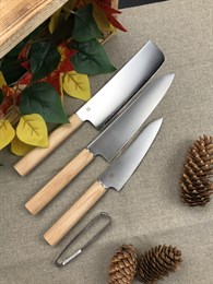 SHIZU HAMONO Подарочный набор из 3-х кухонных ножей: Накири+Сантоку+Петти+Пинцет  AUS8/SUS1A-1
