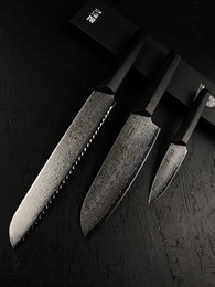 SHIZU HAMONO Набор из 3-х кухонных ножей: Хлебный+Сантоку+Петти VG10, SUS410 Damascus