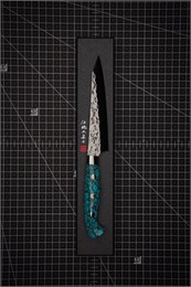 YU KUROSAKI Нож кухонный Петти 130/240 мм R2(SG2) (Порошковая сталь) Hammered SENKO-EI Custom TCA Selection YU KUROSAKI TURQUOISE PETTY 130