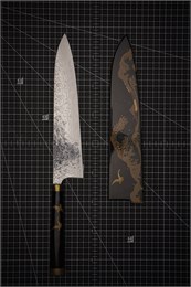 Takeshi Saji Makie-Art R2(SG2) Mirrored Damascus Japanese Chef's Gyuto Knife 250mm with Urushi Lacquered Saya and Handle FUJI on WAVE (NAMI FUJI) TS-R2DM-CH250-MK-WVBTFJ