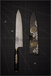 Takeshi Saji Makie-Art R2(SG2) Mirrored Damascus Japanese Chef's Gyuto Knife 250mm with Urushi Lacquered Saya and Handle RAIJINTS-R2DM-CH250- MK-FJNRJN