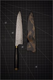 Takeshi Saji Makie-Art R2(SG2) Mirrored Damascus Japanese Chef's Gyuto Knife 210mm with Urushi Lacquered Saya and Handle FUJI on WAVE (NAMI FUJI) TS-R2DM-CH210-MK-WVBTFJ